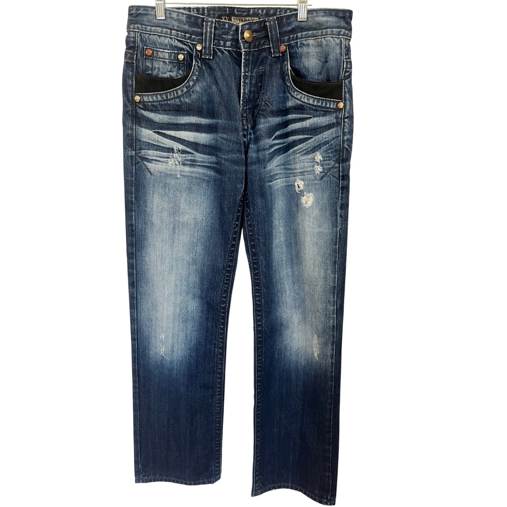 XY XRAY Mens Distressed Straight Leg Jeans Blue 33 Heavy Whiskered Streetwear